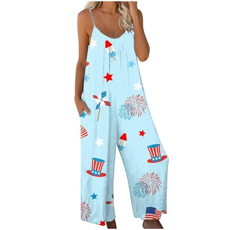 

ZQGJB Summer Jumpsuits for Women July 4th American Flag Print Sleeveless Loose Spaghetti Strap Baggy Overalls Jumpers with Pockets Light Blue XXL