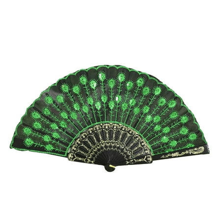 mnjin chinese style dance wedding party lace silk folding hand held flower fan green