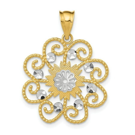 14K Yellow Gold and Rhodium Filigree D/C Swirl Round Pendant