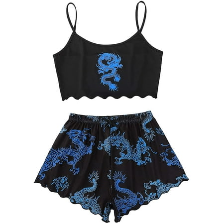 ZWUYIYHJ Women s Cute Cartoon Print Lettuce Trim Cami Top and Shorts Cute Pajama Set Sleepwear
