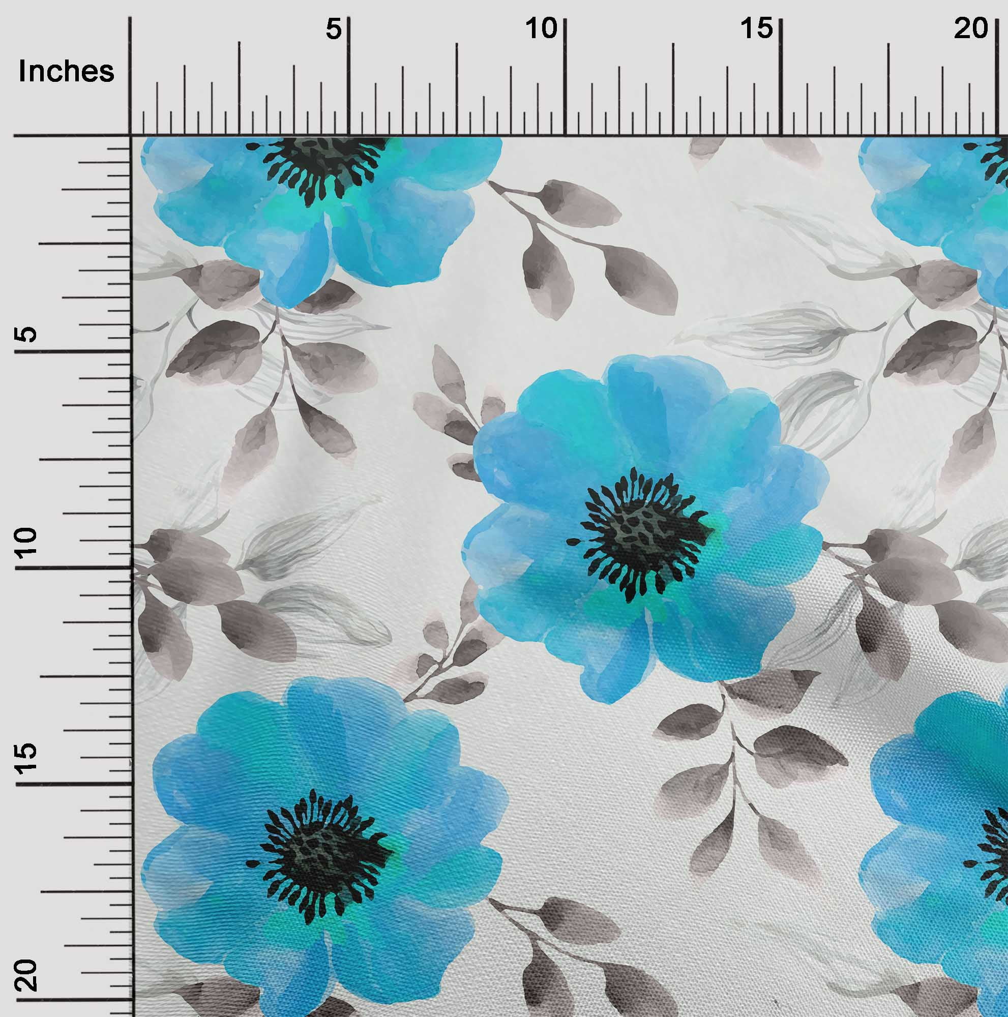 Oneoone Cotton Poplin Turquoise Blue Fabric Leaves Floral Watercolor