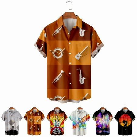 LANLIN Music Festival Big Men s Button Down Short Sleeve Hawaiian Shirts with Chest Pocket Classic Blouses For Men Boys