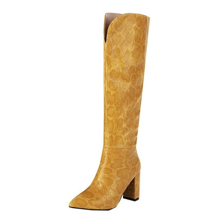 jsaierl Autumn And Winter Plus Size Women s Boots Thick High-heeled Sleeve Snake Print Pointed Toe High Knee-length Boots