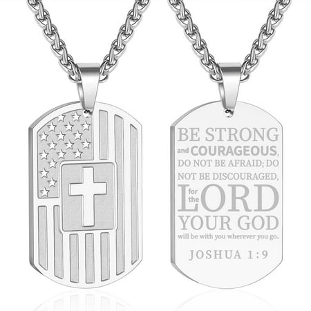 American Silver Dog Tag Cross Necklaces for Men Bible Verse Pendant Cross Stainless Steel Men Necklaces 24 Inches Chain First Communion Confirmation Religious Christian Christmas Jewelry Gifts