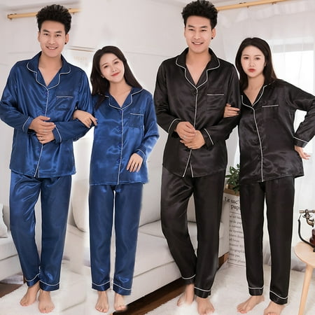 Sunjoy Tech Mens Womens Silk Satin Pajamas Long Sleeve Loungewear Two-piece Sleepwear Button-Down Pj Set