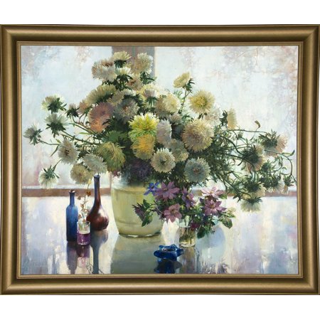 Chrysanthemums on a Glass Table-LARPSA131923 Print 21.5"x26" by Larisa Psaryova in a Bistro Gold