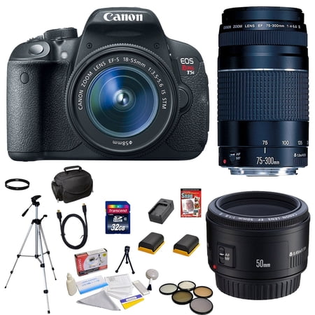 Canon EOS Rebel T5i 18 MP CMOS Digital SLR Camera w\/EF-S 18-55mm f\/3.5-5.6 IS STM Lens + EF 75-300mm f\/4-5.6 III Telephoto Zoom Lens + Canon EF 50mm f\/1.8 II SLR Lens, 12 Piece Deluxe Accessory Bundle Canon EOS Rebel T5i 18 MP CMOS Digital SLR Camera w\/EF-S 18-55mm f\/3.5-5.6 IS STM Lens + EF 75-300mm f\/4-5.6 III Telephoto Zoom Lens + Canon EF 50mm f\/1.8 II SLR Lens, 12 Piece Deluxe Accessory Bundle