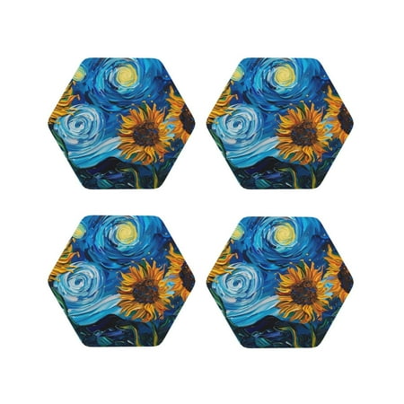 Leather Coasters Set of 4 - Starry Night Sunflower Field Lightweight Non-Slip Drink Coasters for Desk Anti-Scalding Desk Cup Coasters for Office Table Decor Hexagon
Leather Coasters Set of 4 - Starry Night Sunflower Field Lightweight Non-Slip Drink Coasters for Desk Anti-Scalding Desk Cup Coasters for Office Table Decor Hexagon