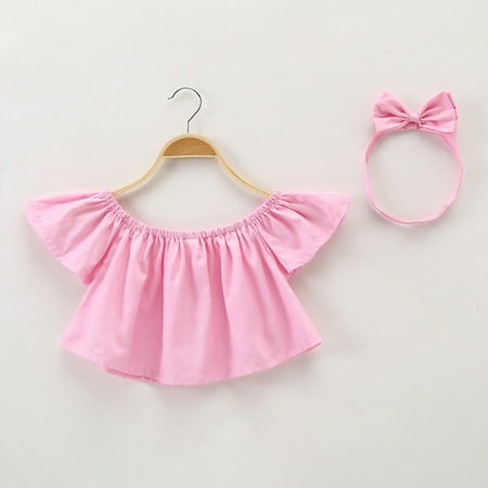 2Pcs Set Toddler Baby Girls Solid Off Shoulder Ruffles Boho Blouse Top+Cute Headbands