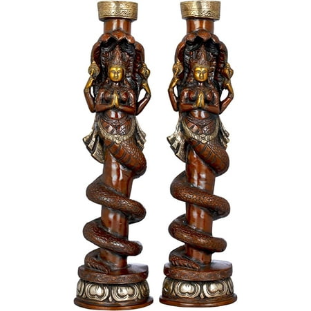 Aona Pair of Naga Kanya Candle Stands Height 16 Inches Brass Statues
