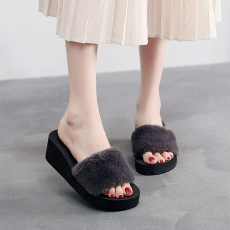 YTJX Women s Winter Leisure Plush Warm Non-slip Household Slippers Single Shoes