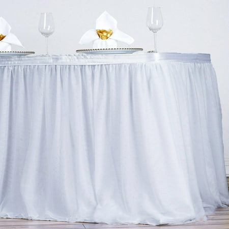 Efavormart 14FT White 2 Layer Tulle Tutu Table Skirt With Satin Attachment