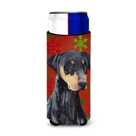Caroline s Treasures SC9417MUK Doberman Red and Green Snowflakes Holiday Christmas Ultra Hugger for slim cans Slim Can