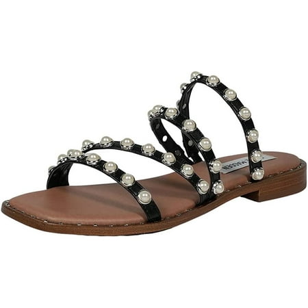 Steve Madden Women s Skyler Leather Embellished Strappy Slip On Flat Sandal