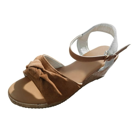 Sandals Women Summer Women S Buckle Strap Bow Tie Flock Wedges Comfortable Beach Open Toe Breathable Sandals Shoes Womens Sandals Flock Brown 40