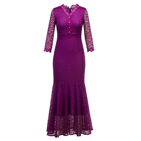 Women Lace V Neck Fishtail Prom Long Maxi Dress Retro Evening Party Formal Ball Gown Wedding Bridesmaid Vintage Dresses