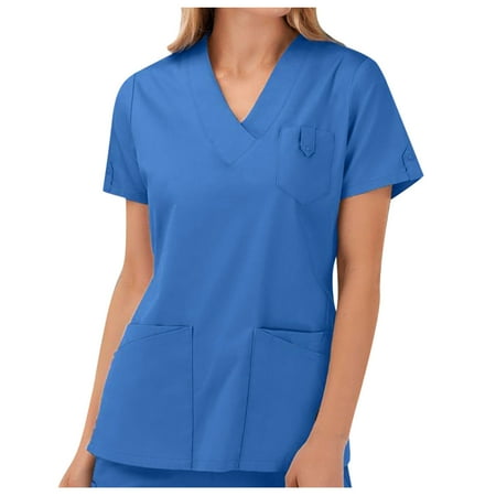 TAIAOJING Women Scrubs Top Workwear Short Sleeve V-Neck Pocket Care Workers T-Shirt Tops