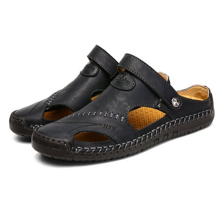 

Lopsie Men s summer Closed Toe Sandals leisure dual - purpose leather slippers outdoor slip on sandals Black