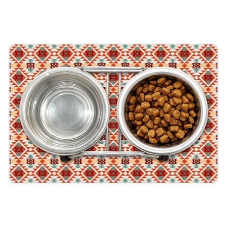 Aztec Pet Mat for Food and Water, Oriental Tones Folklore Inspired Design with Rhombus Forms Print, Non-Slip Rubber Mat for Dogs and Cats, 18" X 12", by Ambesonne
