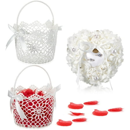 Yaomiao Ring Bearer Pillow and 2 Pieces Wedding Flower Girl Basket Set for Wedding Anniversary Celeb