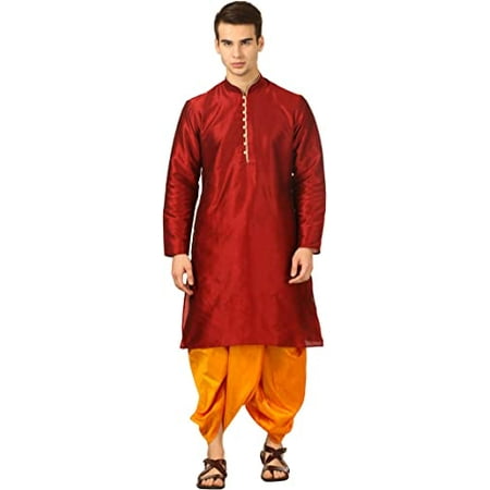 Royal Kurta Mens Silk Blend Loop Button Kurta and Dhoti Set (40 Maroon-Orange)
