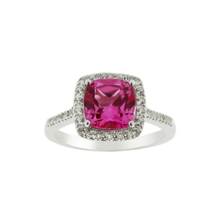 Sterling Silver Lab Created Pink and White Sapphire Cushion Cut Ring.