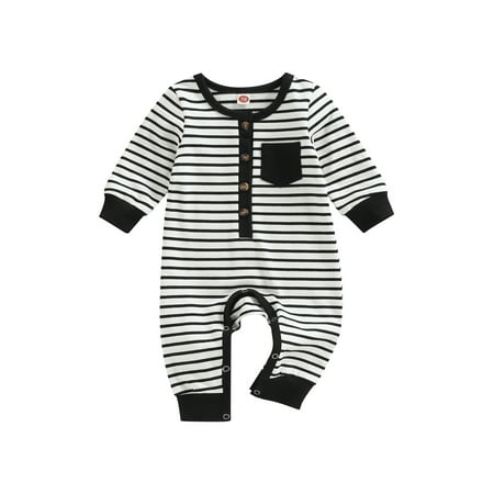 Luckinbaby Newborn Baby Fall Romper Long Sleeve Button Striped Jumpsuit