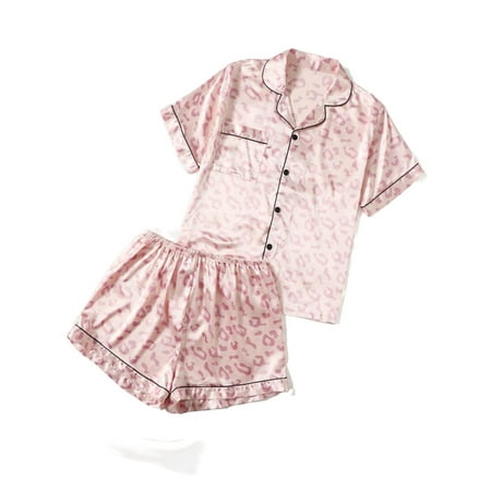 Leopard Print Lapel Neck Satin Short Sets Short Sleeve Baby Pink Plus Pajama Sets (Women s)
Leopard Print Lapel Neck Satin Short Sets Short Sleeve Baby Pink Plus Pajama Sets (Women s)