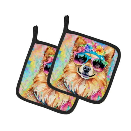 Pomeranian Hippie Dawg Pair of Pot Holders 7.5 in x 7.5 in