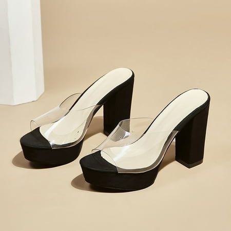Casual Chunky Heeled Mule Pumps Women‘s Fashion Clear Slip-on Mules Heels