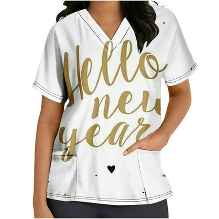 Happy New Year Printed Scrub Tops for Women Short Sleeve Casual V Neck Working Uniform Blouse Comfortable Durable Scrub Shirt with Pockets
Happy New Year Printed Scrub Tops for Women Short Sleeve Casual V Neck Working Uniform Blouse Comfortable Durable Scrub Shirt with Pockets