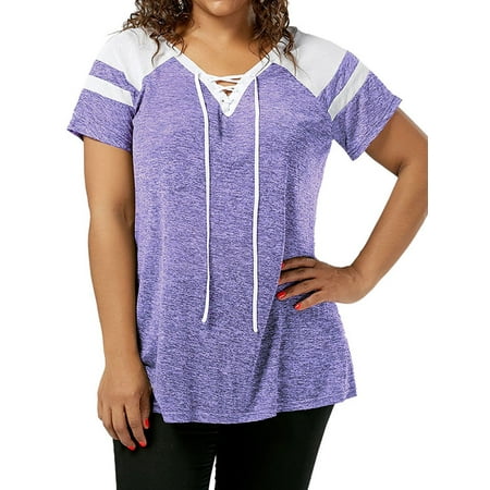 Starvnc Women Short Sleeve V Neck Splice Color Lace Up T-shirt