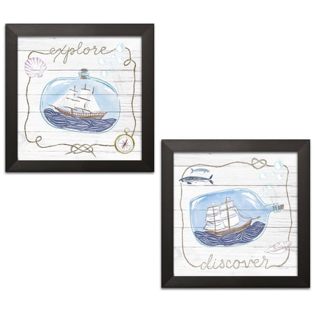 Gango Home Decor Contemporary Ship in a Bottle Discover & Explore Shiplap by Sara Zieve Miller (Ready to Hang); Two 12x12in Black Framed Prints