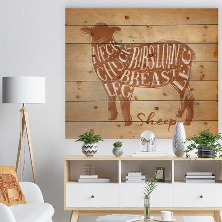 DESIGN ART Designart 'Sheep lamb cutting scheme craft' Farmhouse Animal Painting Print on Natural Pine Wood - Brown