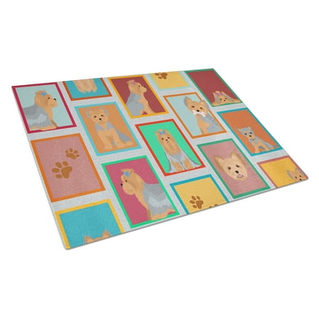 Lots of Blue and Tan Yorkie Glass Cutting Board Large 12 in x 15 in