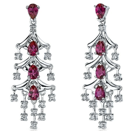 Peora 4.00 Ct Pear Shape Created Ruby Sterling Silver Drop Earrings Rhodium Finish
