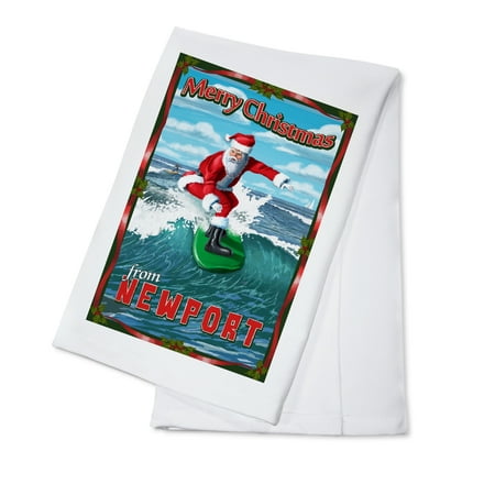 

Newport Beach California Merry Christmas Santa Surfing (100% Cotton Tea Towel Decorative Hand Towel Kitchen and Home)