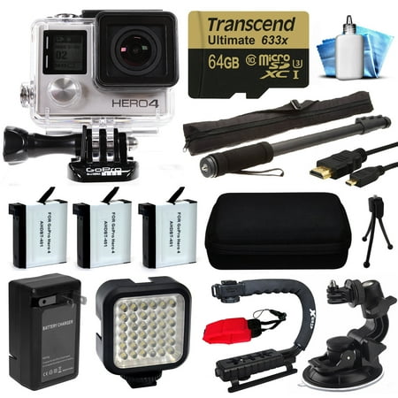 GoPro HERO4 Hero 4 Silver Edition 4K Action Camera with 64GB MicroSD Card, 3x Batteries with Charger, Opteka xGrip Handle, Night LED Light, Car Mount HDMI Micro Cable, Case, Mini Tripod, Cleaning Kit