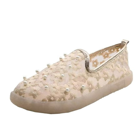 Pimfylm Foldable Flats For Women Womens Lug Sole Platform Mid Heel Loafers Classic Round Toe Beige 7