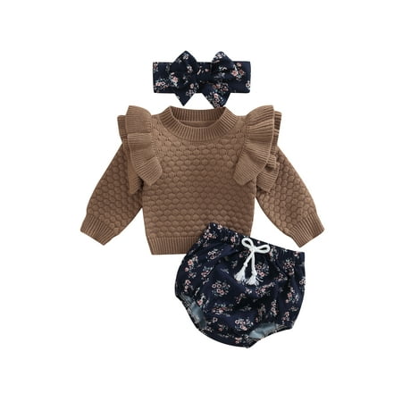 3 PCs Infant Baby Girls Autumn Winter Outfits Solid Ruffle Long Sleeve Knit Pullover Floral Shorts Headband Clothes Set
3 PCs Infant Baby Girls Autumn Winter Outfits Solid Ruffle Long Sleeve Knit Pullover Floral Shorts Headband Clothes Set