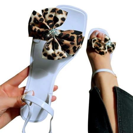 Cathalem Women s Leopard Sandals Sandals Fashion Summer Flat Bottom And Print Women Leopard Shoes Sports Knit Sandals for Women White 8.5