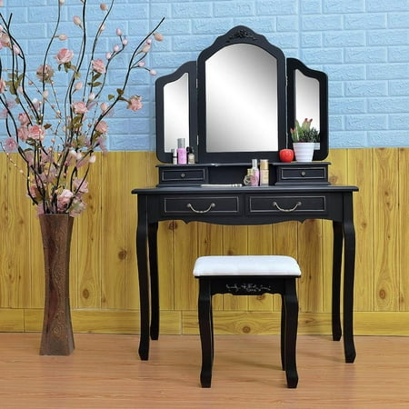 EOTVIA Mirror Dresser Set,Tri-fold Mirror Dresser with Dressing Stool Black