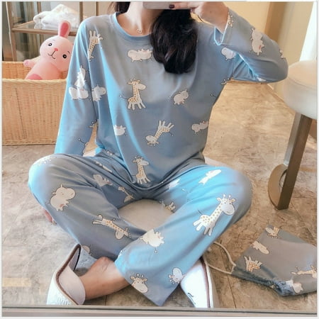 Autumn Thin 2pieces Pyjamas Set Women Sleepwear Lovely Home Suits Round Neck Girls Teacup SleepwearLong Sleeve Pajamas