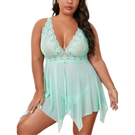 

Ritualay Ladies Plus Size Babydoll Lace Chemise Sleepwear See Through Sheer Lingerie Deep V Neck Women Sexy Irregular Hem Mesh Floral Mint Green 1XL