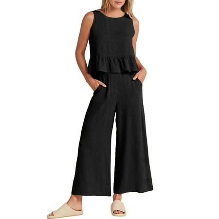 

Two Piece Summer Sets Sleeveless Solid Color Comfy Lounge Set Button Back Round Neck Softy Loose Fit Workout Set Casual Lightweight Suspender Fashion Daily Pajama Sets With Pocket（Black M）
