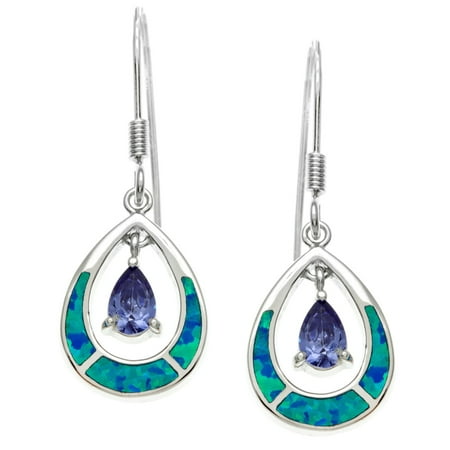 Beaux Bijoux Sterling Silver Blue Opal and Tanzanite CZ Teardrop Dangle Earrings (Multiple options available)