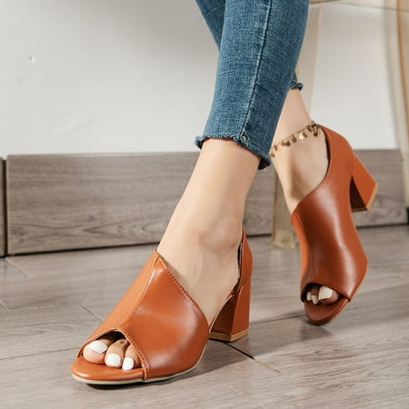 Women‘s Block High Heel Sandals Peep Toe Solid Color Faux Leather Pumps Women‘s Footwear
