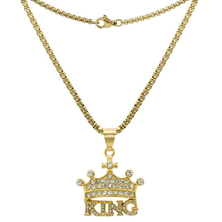 Crown Cubic Zirconia Pendant Box Chain Necklace Set 14K Gold Plated Stainless Steel Men Fashion Jewelry 3 mm 30"