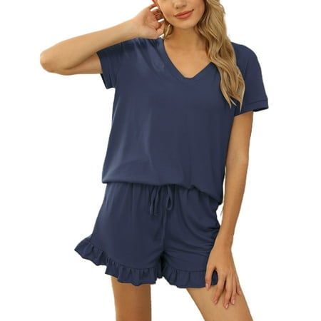 Hanerdun Women Sleepwear Pajamas Set 2PCS Drawstring Shorts with V-Neck Short Sleeve Top Blue M
Hanerdun Women Sleepwear Pajamas Set 2PCS Drawstring Shorts with V-Neck Short Sleeve Top Blue M