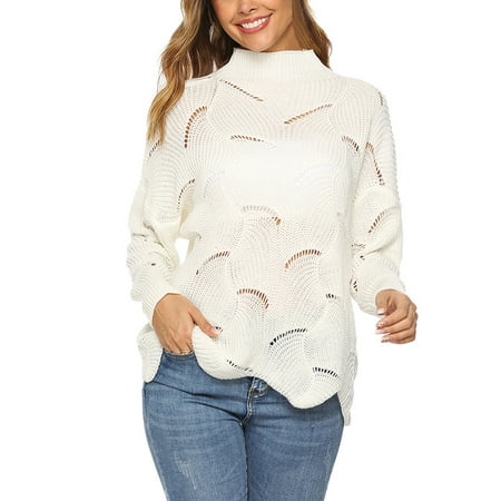 Ingzy Women's Long Sleeve Pullover irregular Solid Color Holes Knit Sweaters